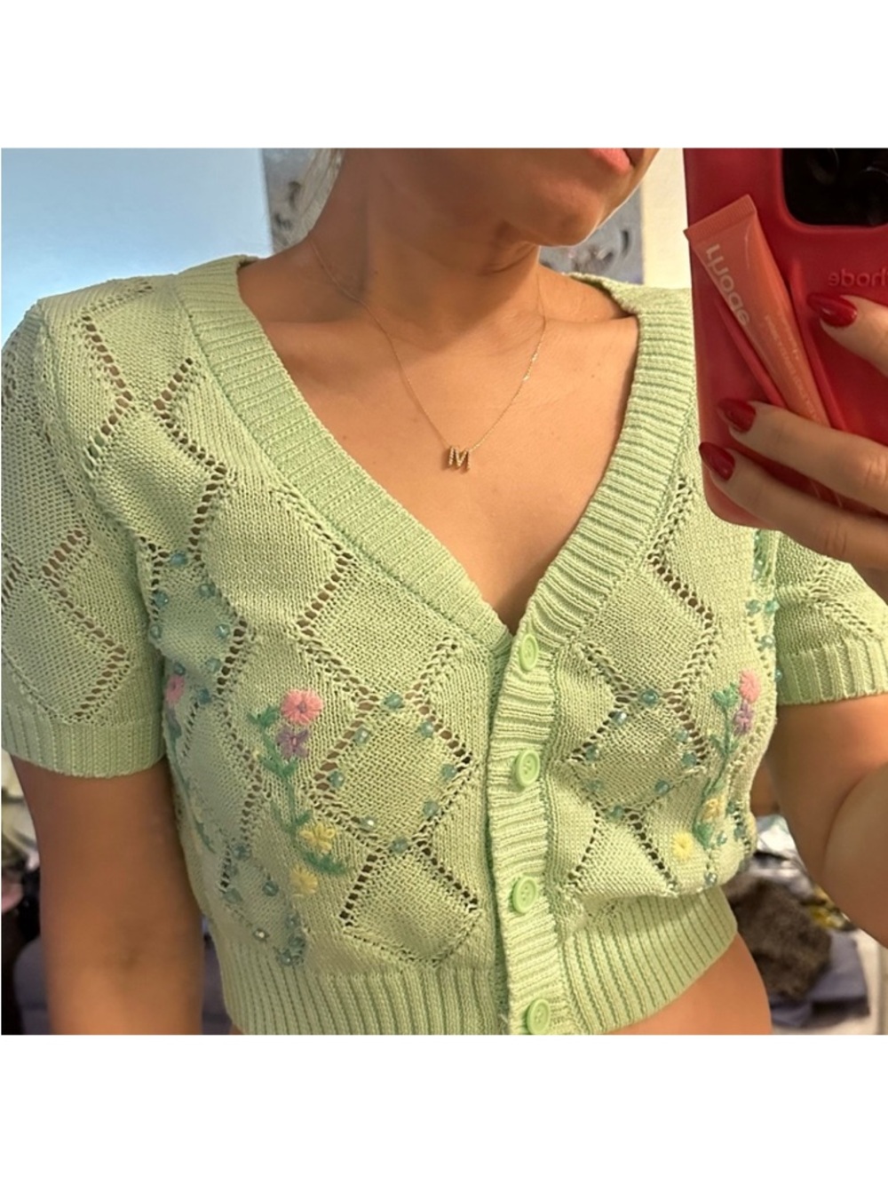 Zara- Cropped Mint Green Knit Cardigan with Floral Embroidery